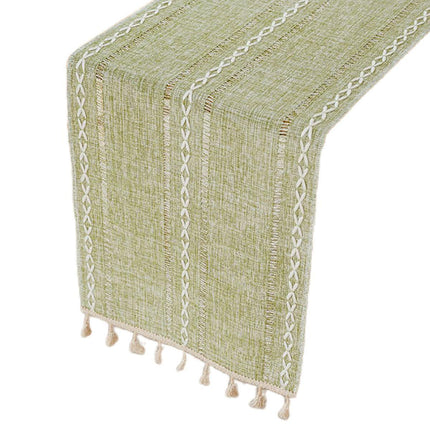 Solid Colour Woven Hollow Fringe Table Runner Home Dining Tablecloth Decoration - 33x183cm-Green.
