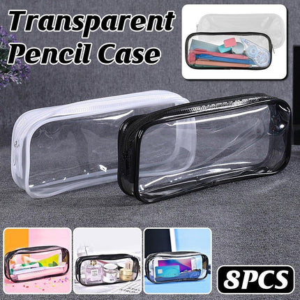 8PCS Waterproof Transparent Zipper Pencil Case Cosmetic Stationery Organizer Bag.