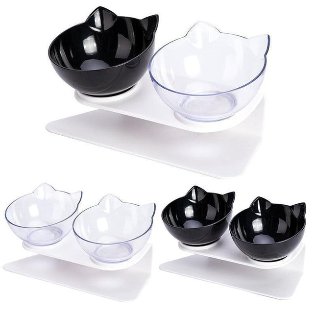 Double Cat Dog Bowl Elevated Pet Feeder Stand Raised Food Water Feeding Dish - Transparency+Transparency.