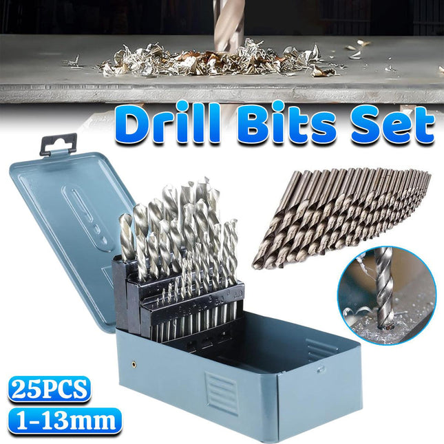 Drill Bits Set Metric Metal Twist High Speed HSS Steel Case 25pcs Coated Tool.