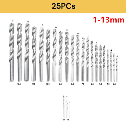 Drill Bits Set Metric Metal Twist High Speed HSS Steel Case 25pcs Coated Tool.