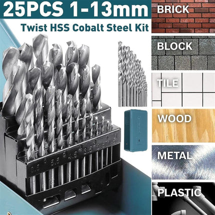 Drill Bits Set Metric Metal Twist High Speed HSS Steel Case 25pcs Coated Tool.