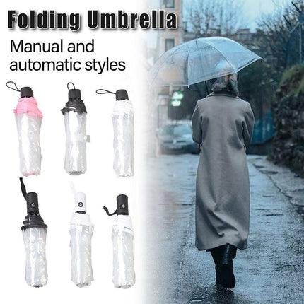 Transparent Folding Umbrella Compact Tri Fold Design Clear Rain Protection Cover - Manually operated-Black.