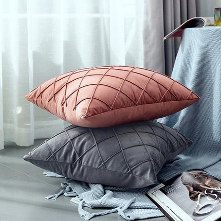 Velvet Cushion Cover Pleated Checked Plaid Plush Decorative Lounge Cushion Cover - Black.