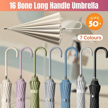 Large 16 Bone Automatic Umbrella Unisex Long Handle Dual Use Rain Sun Umbrella - Green.