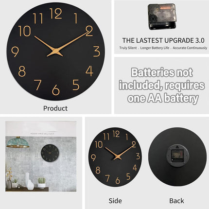 12 Inch Digital Wall Clock Simple Hanging Watch for Living Room Home Decoration - Black.