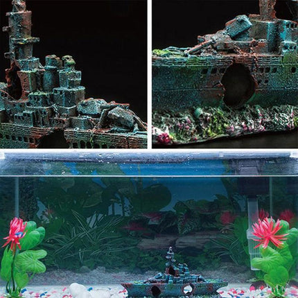 Aquarium Shipwreck Ship Fish Tank Resin Sunken Ship Fishing Hiding Pot Decor.
