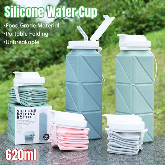 620ml Silicone Folding Water Bottle Food Grade Outdoor Sports Kettle High Temp - Pink.