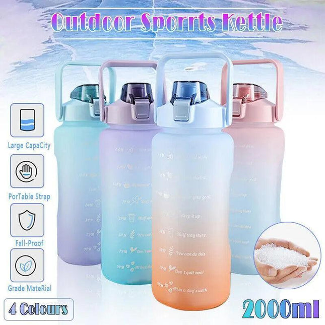 2L Large Water Bottle Straw Time Gradient Cup Fitness Jugs Sport Gym Training - Pink.