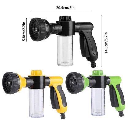 Washing Nozzle Plant Pet Hose 8-Mode Garden Car Water Foam Sprayer Soap Dispenser - Yellow.
