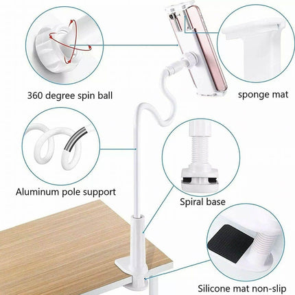 Adjustable Flexible Phone Tablet Holder with Clamp for Bed Desk Mount Use - White.
