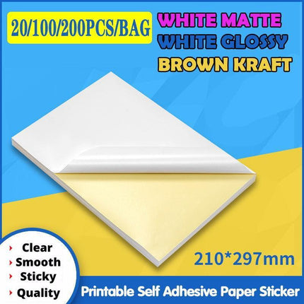 A4 Self Adhesive Sticker Paper Sheet Label Laser Inkjet Print Mailing Address - White Glossy 2x1 *20 PCS.