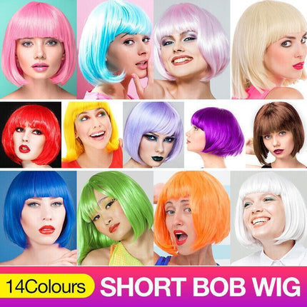 Short Bob Wig with Bangs for Women Synthetic Cosplay Party Hair in 14 Colours - Dark Pink.