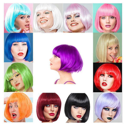 Short Bob Wig with Bangs for Women Synthetic Cosplay Party Hair in 14 Colours - Dark Pink.