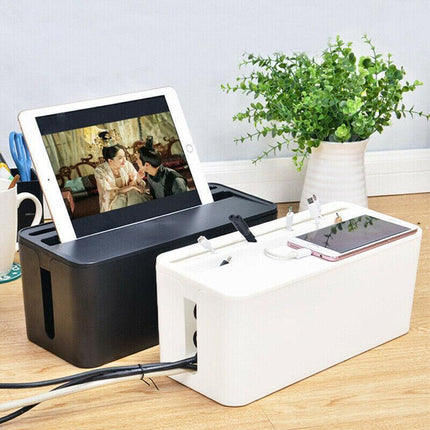 Large Cable Wire Cord Storage Box Case with Lid for Power Board and Device Charging - White.