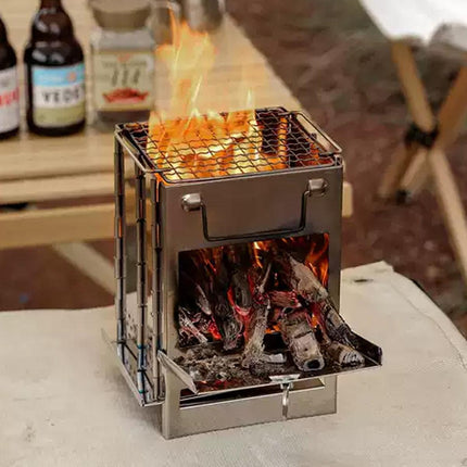 Square Wood Stove Mini Folding Grill Outdoor Camping Portable BBQ Cooking Rack.