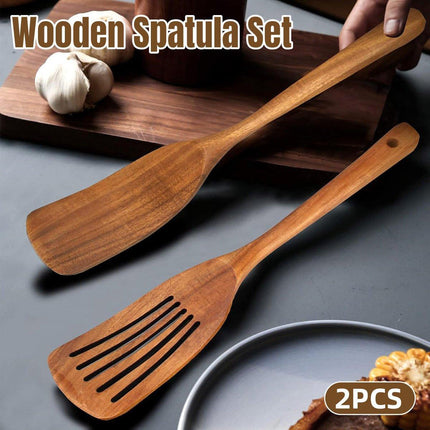 2pcs Wooden Frying Spatula Long Handle Stir Fry Spatula Kitchen Cooking Utensils.