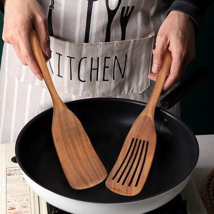 2pcs Wooden Frying Spatula Long Handle Stir Fry Spatula Kitchen Cooking Utensils.