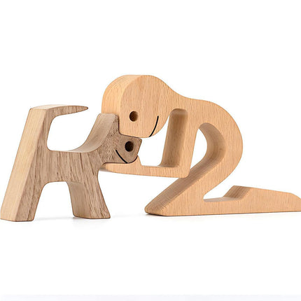Handmade Wooden Statue Sitting Family and Dog Craft Home Decor - B05.
