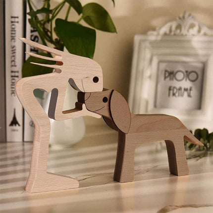Handmade Wooden Statue Sitting Family and Dog Craft Home Decor - B05.