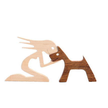 Handmade Wooden Statue Sitting Family and Dog Craft Home Decor - B05.