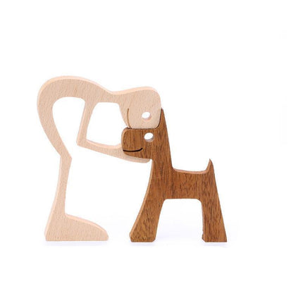 Handmade Wooden Statue Sitting Family and Dog Craft Home Decor - B05.