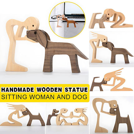 Handmade Wooden Statue Sitting Family and Dog Craft Home Decor - B04.