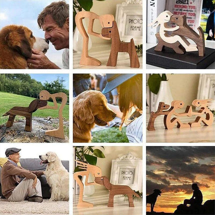 Handmade Wooden Statue Sitting Family and Dog Craft Home Decor - B04.