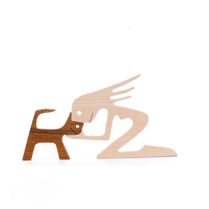 Handmade Wooden Statue Sitting Family and Dog Craft Home Decor - B04.
