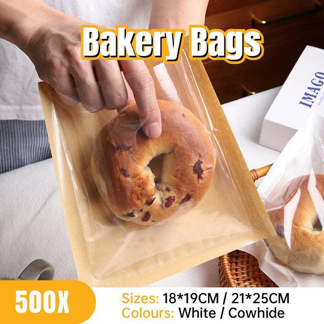 500PCS Transparent Food Greaseproof Bag Sandwich Donut Bread Packaging Pouch - Cowhide 21X25CM.
