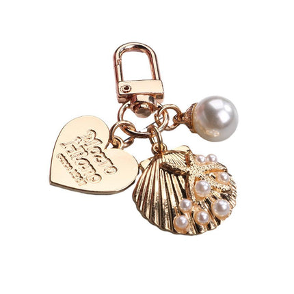 Womens Cute Key Rings Shell Heart Pearl Shape Keychain Charm Bag Hanger Pendants - A.