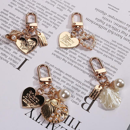 Womens Cute Key Rings Shell Heart Pearl Shape Keychain Charm Bag Hanger Pendants - B.