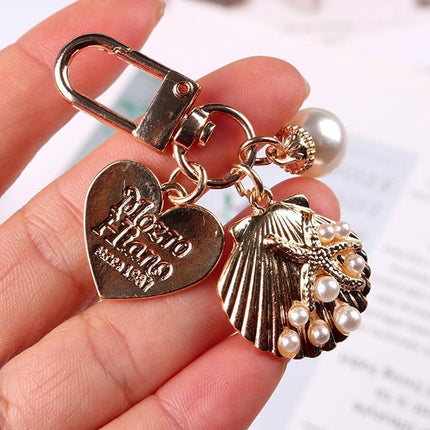 Womens Cute Key Rings Shell Heart Pearl Shape Keychain Charm Bag Hanger Pendants - B.