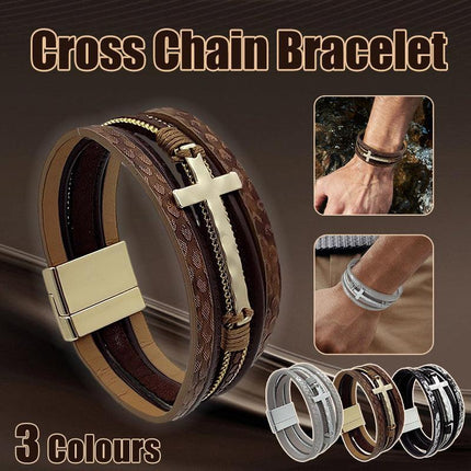 Men Cross Bracelet Multi-Layer Leather Wristband Stainless Steel Stylish Gift - Coffee.