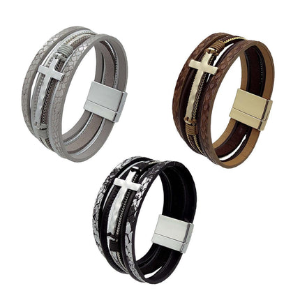 Men Cross Bracelet Multi-Layer Leather Wristband Stainless Steel Stylish Gift - Coffee.