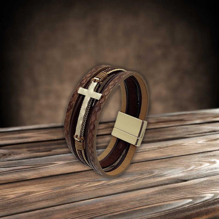 Men Cross Bracelet Multi-Layer Leather Wristband Stainless Steel Stylish Gift - Coffee.