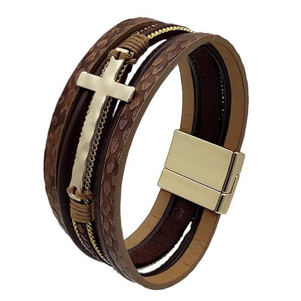 Men Cross Bracelet Multi-Layer Leather Wristband Stainless Steel Stylish Gift - Coffee.