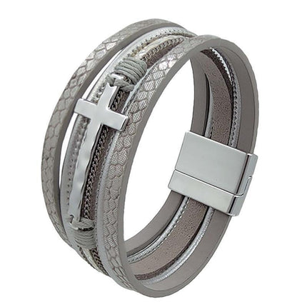 Men Cross Bracelet Multi-Layer Leather Wristband Stainless Steel Stylish Gift - Coffee.