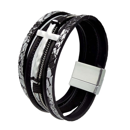 Men Cross Bracelet Multi-Layer Leather Wristband Stainless Steel Stylish Gift - Coffee.
