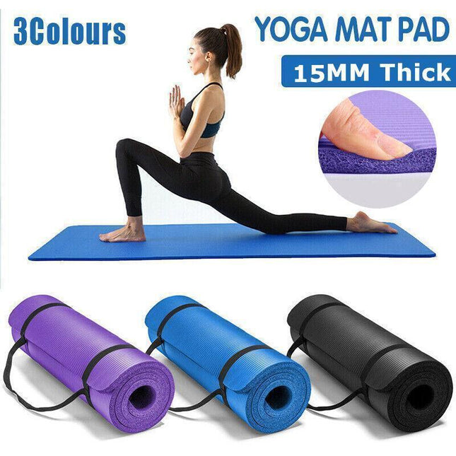 15mm Thick Yoga Mat Pad NBR Nonslip Exercise Fitness Pilate Gym Durable - Black.