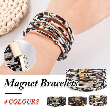 Fashion Snap Lock Leather Bohemian Leopard Print Bangle Stylish Bracelet Gift - White.