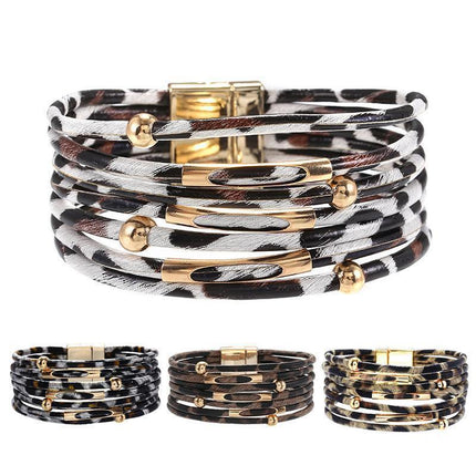 Fashion Snap Lock Leather Bohemian Leopard Print Bangle Stylish Bracelet Gift - White.