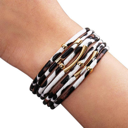 Fashion Snap Lock Leather Bohemian Leopard Print Bangle Stylish Bracelet Gift - White.