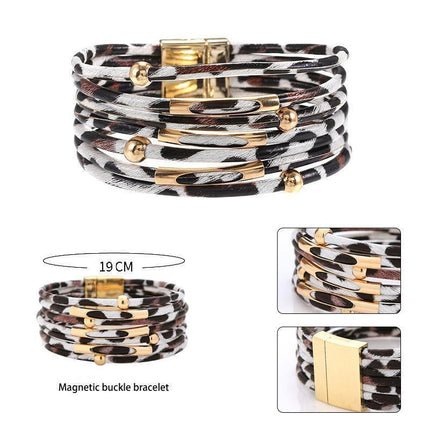 Fashion Snap Lock Leather Bohemian Leopard Print Bangle Stylish Bracelet Gift - White.