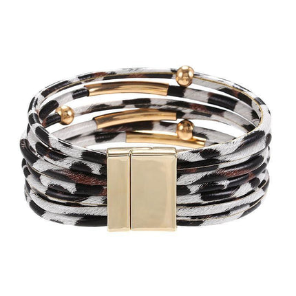 Fashion Snap Lock Leather Bohemian Leopard Print Bangle Stylish Bracelet Gift - White.