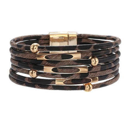 Fashion Snap Lock Leather Bohemian Leopard Print Bangle Stylish Bracelet Gift - White.