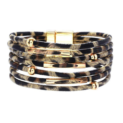 Fashion Snap Lock Leather Bohemian Leopard Print Bangle Stylish Bracelet Gift - White.