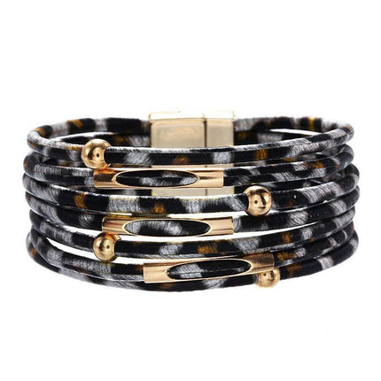 Fashion Snap Lock Leather Bohemian Leopard Print Bangle Stylish Bracelet Gift - White.