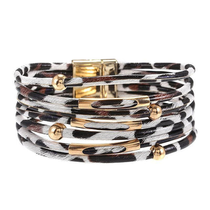 Fashion Snap Lock Leather Bohemian Leopard Print Bangle Stylish Bracelet Gift - White.