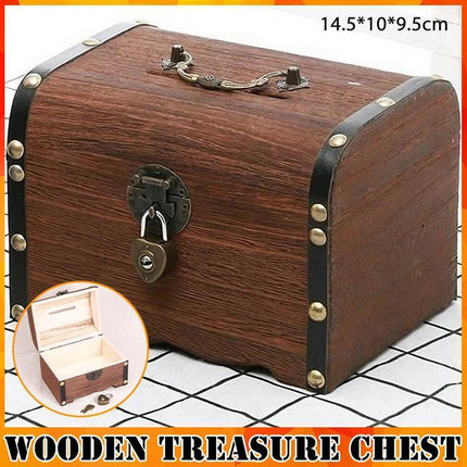 Wooden Treasure Chest Retro Money Storage Box Case Coin Piggy Bank Organizer.